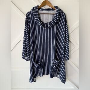 Made in Italy Navy Striped Cowl Neck Tunic Hoodie Beach Coverup One Size